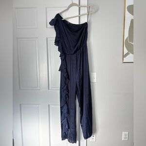 Elegant navy, sleeveless, one-shoulder neckline, blue, flared leg cut jumpsuit